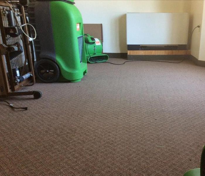 Dehumidifier and air movers drying carpet